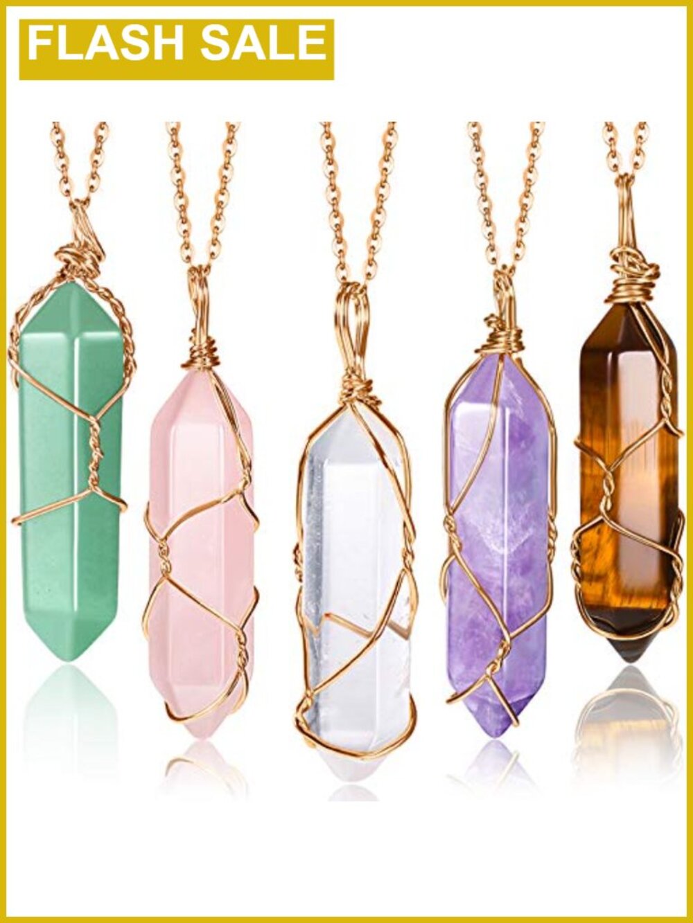 5 Pcs Crystal Healing Necklaces Set Quartz Pendant Gold Chain